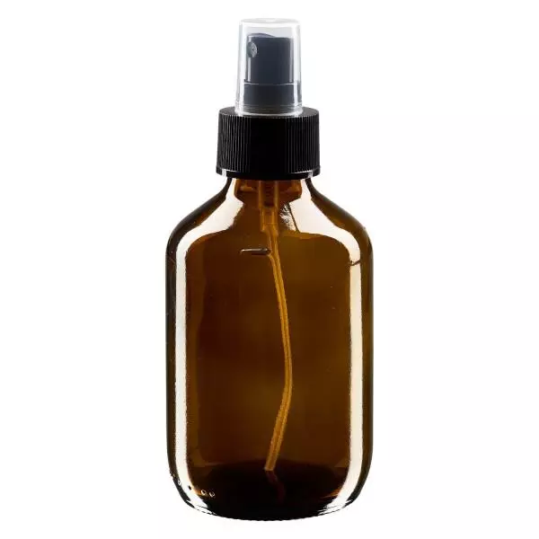 Flacon médical norme européenne de 200 ml avec spray noir GCMI 28/410 et couvercle transparent, standard Flacon médical norme européenne de 200 ml avec spray noir GCMI 28/410 et couvercle transparent, standard
