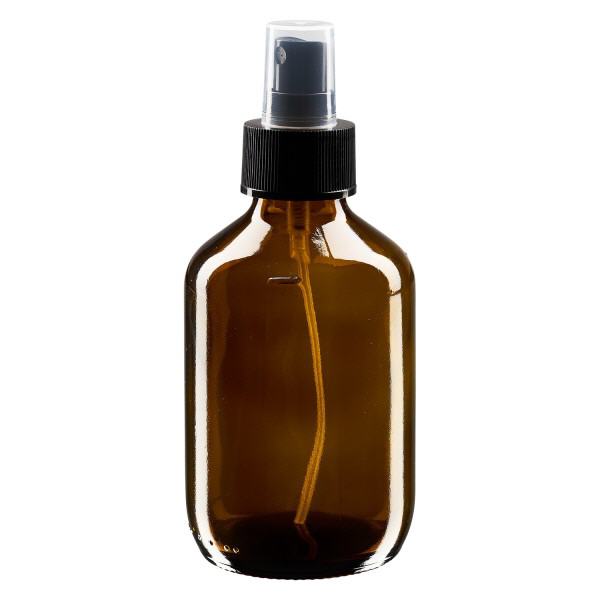 Flacon médical norme européenne de 200 ml avec spray noir GCMI 28/410 et couvercle transparent, standard Flacon médical norme européenne de 200 ml avec spray noir GCMI 28/410 et couvercle transparent, standard
