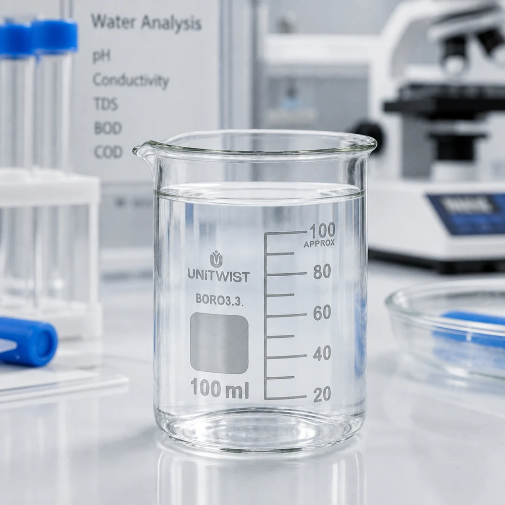 Bécher 100ml borosilicate, forme basse UNiTWIST Bécher bas de 100 ml à côté de tubes à essai et d'une boîte de Pétri dans un laboratoire professionnel