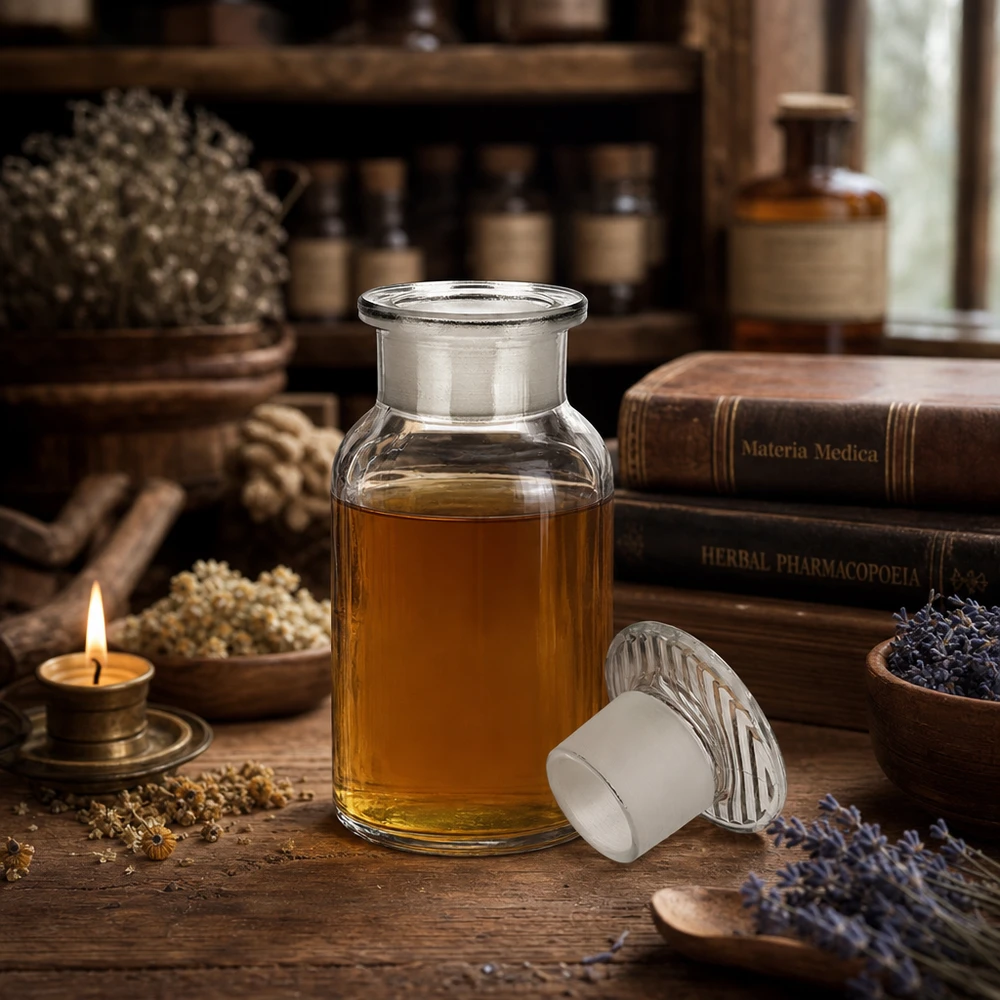 Flacon pharmaceutique 100 ml col large + bouchon verre clair Petite bouteille de conservation de 100 ml, à col large et à épaulement arrondi, en verre transparent, munie d'un bouchon en verre hermétique