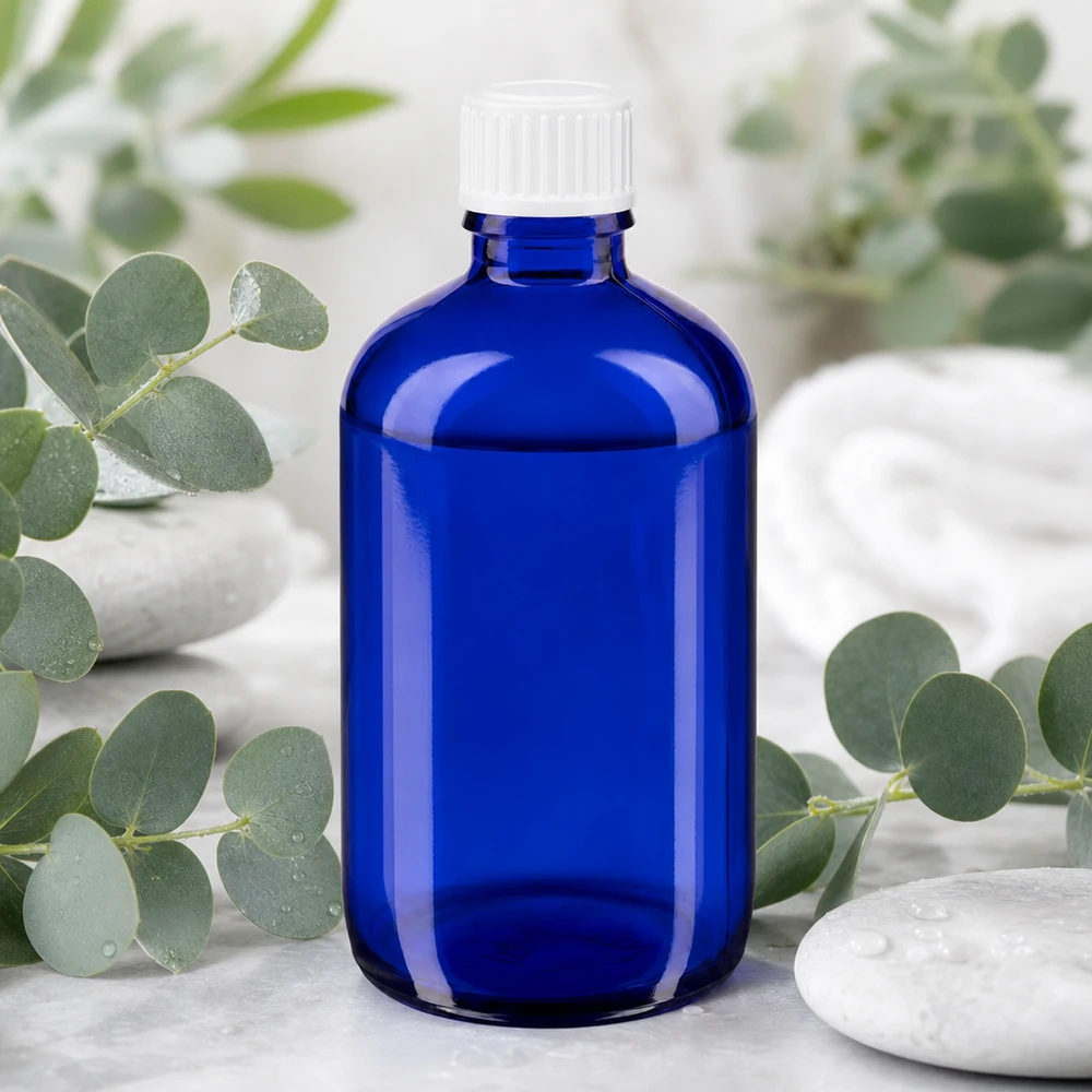 Flacon en verre bleu de 100 ml, protection anti-UV, style pharmacie, avec bouchon de sécurité blanc