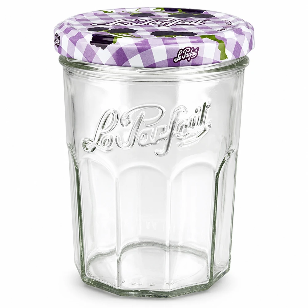 Le Parfait® Jam 385 ml Ø82 mm pot confiture Le Parfait Pot à vis 385ml avec couvercle à carreaux violets pour confitures et conserves en verre clair