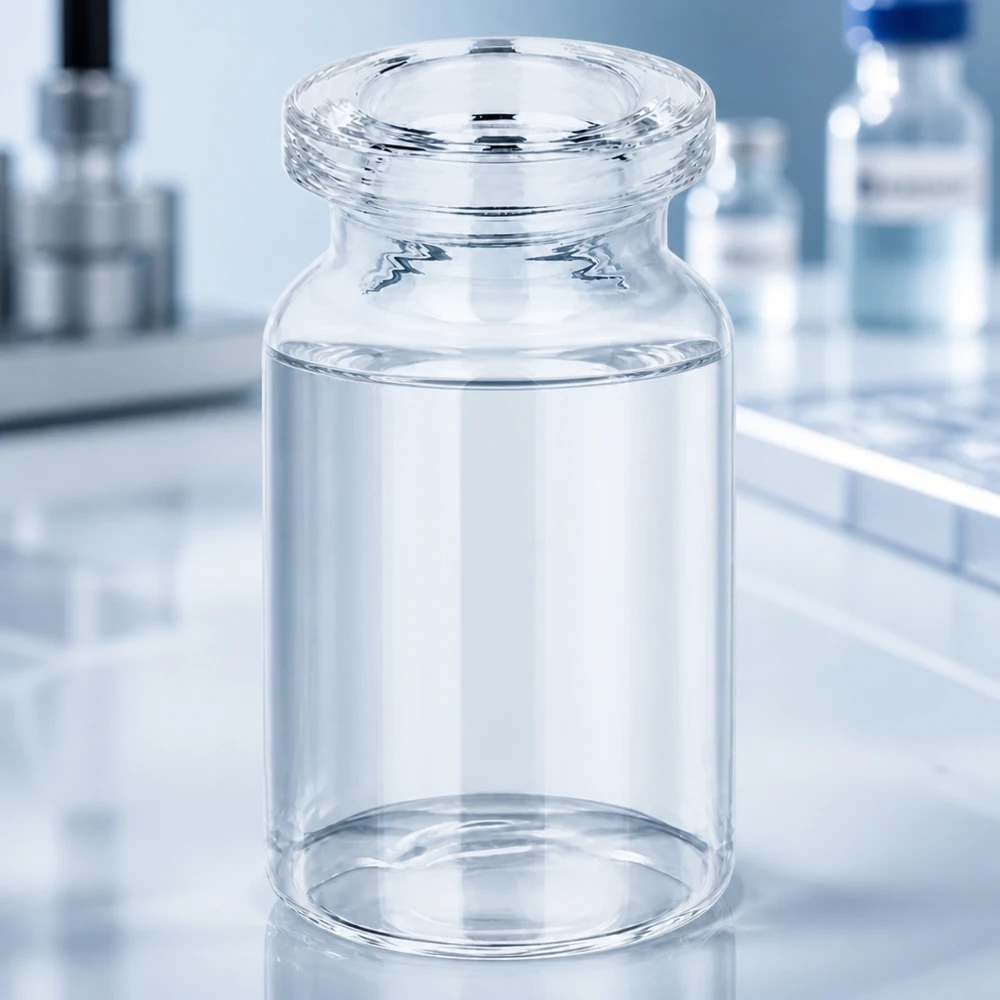 Flacon d'injection en verre clair 5 ml Kompakte Injektionsflasche Klarglas 5ml in modernem Laborumfeld für flüssige Arzneimittelformulierungen