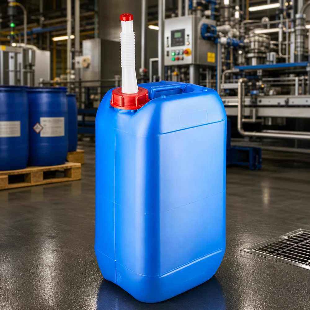Bidon rectangulaire en plastique de 15 L, bleu, avec un bec verseur blanc et un bouchon à vis rouge
