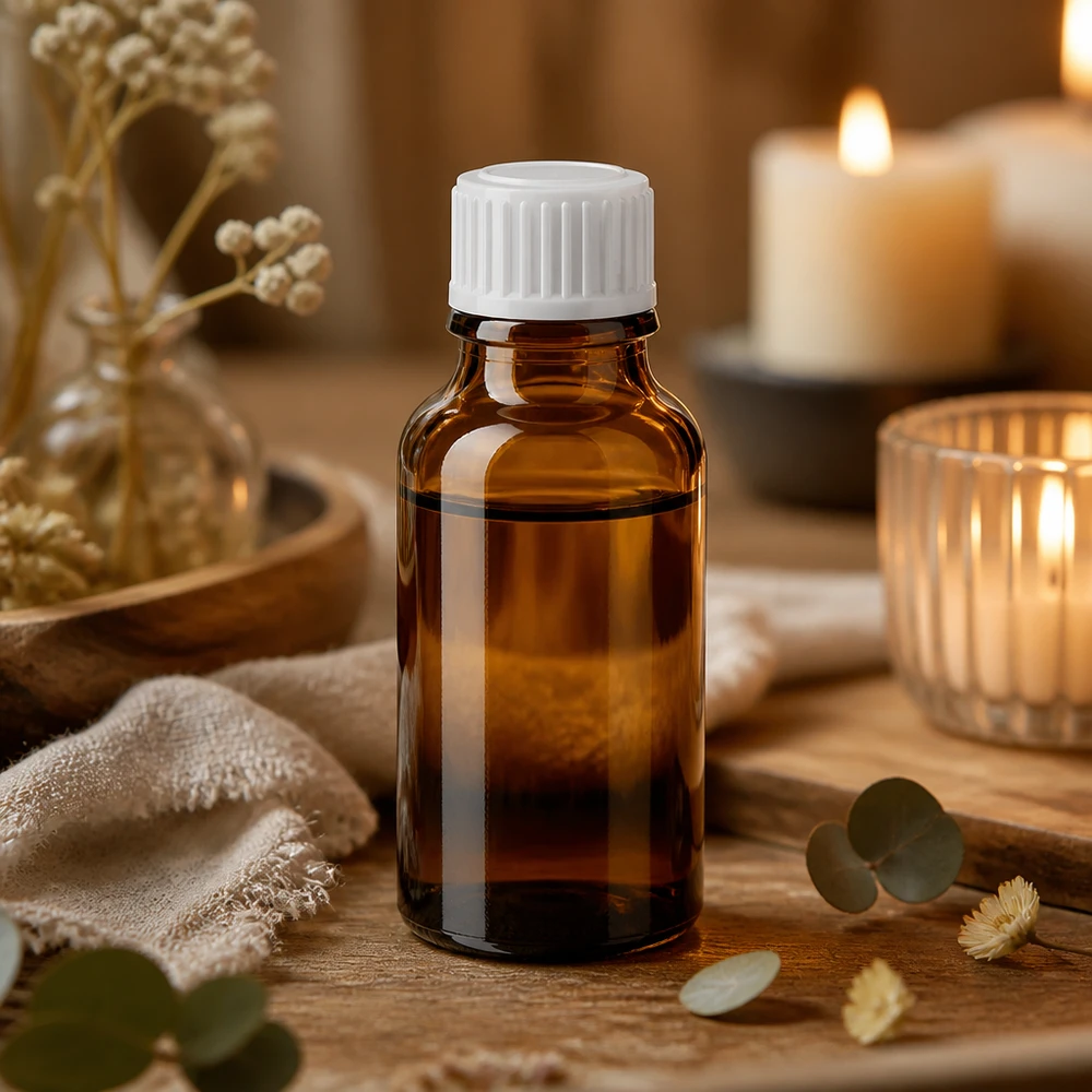 Flacon à pharmacie marron 20ml bouchon vissable blanc std Flacon de pharmacie de 20 ml en verre ambré avec protection UV, muni d'un bouchon blanc de 11 mm, dans une ambiance bien-être naturelle