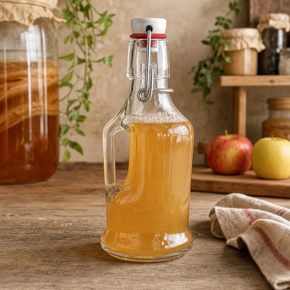 UNiTW Bouteille en verre Bertha 200ml remplie de jus de pomme dans une cuisine rustique à côté de pommes Détail du bouchon à étrier