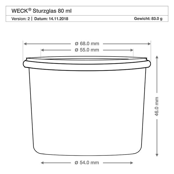 Lot de 48 pots Weck 80ml à l'envers Dessin technique WECK Verre renversé 80ml RR60 avec dimensions et spécifications pour la cuisine et les réserves