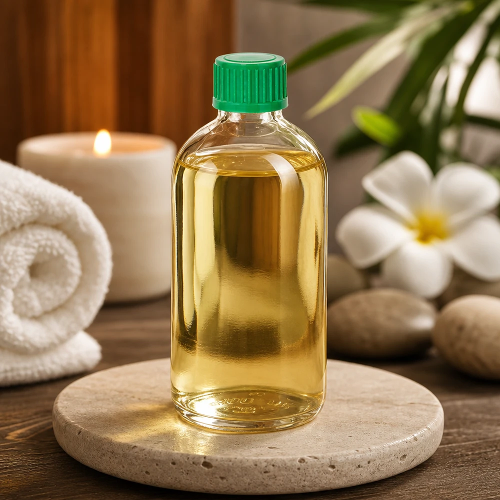 Flacon compte-gouttes ClearLine UT18 de 100 ml avec bouchon vert, posé sur une pierre naturelle à côté d'accessoires de bien-être