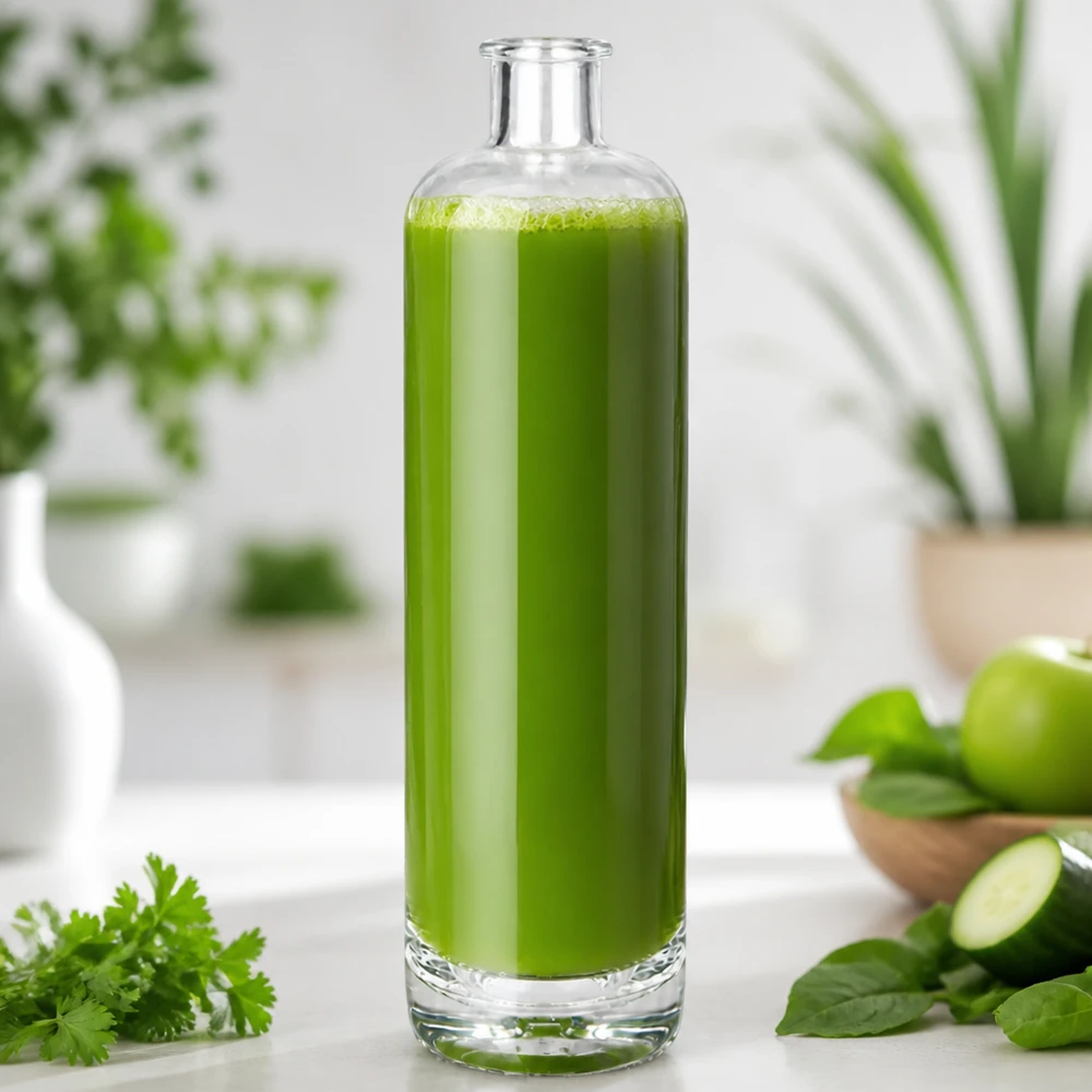 Bouteille en verre Ella de 700ml remplie de smoothie vert dans la cuisine décorée d'herbes et de légumes frais