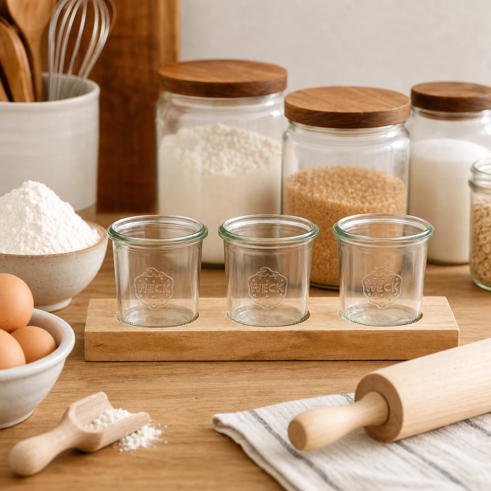 Pots WECK vides 140ml sur planche en bois Plano3 dans cuisine avec ingrédients farine oeufs et rouleau à pâtisserie pour la cuisson