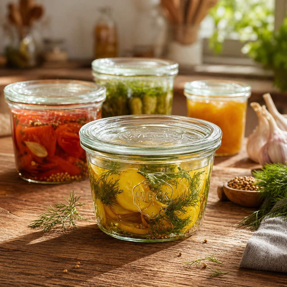Bocal en verre de 370 ml avec couvercle en verre WECK RR100 WECK Pot renversé 370ml RR100 rempli de cornichons et d'aneth à côté d'autres bocaux sur une table en bois