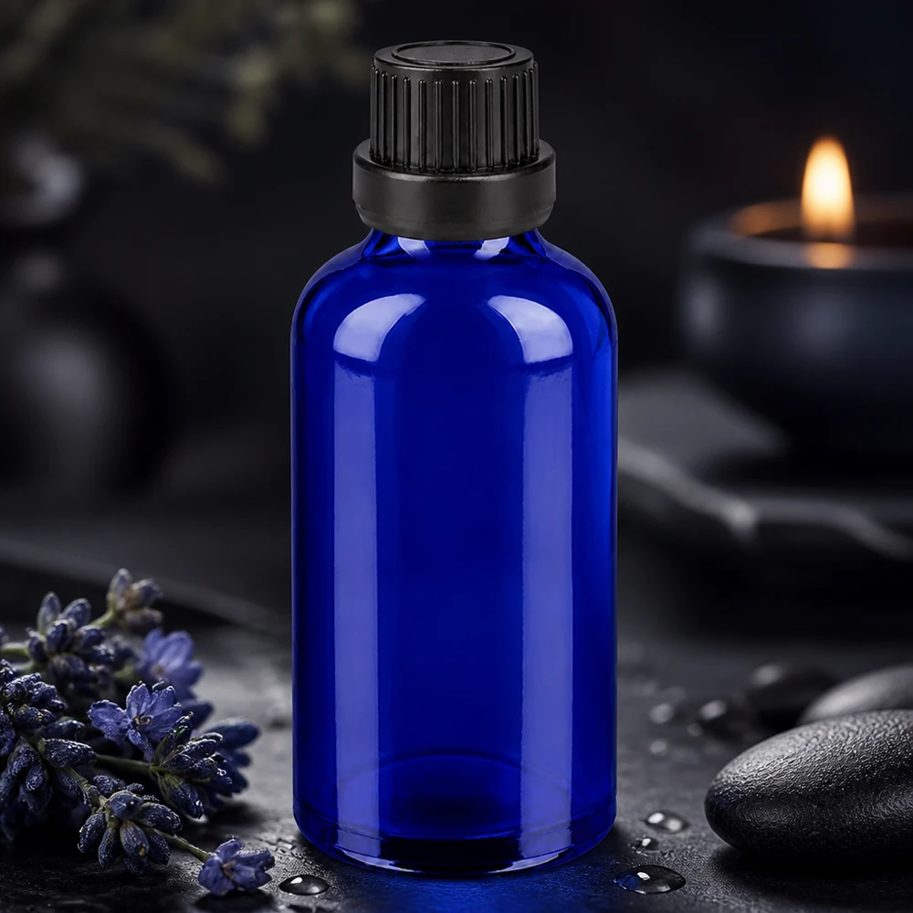Flacon 50ml 11mm SV noir OV BlueLine UT18/50 Flacon de pharmacie robuste 50ml bleu foncé avec bouchon inviolable UT18/50