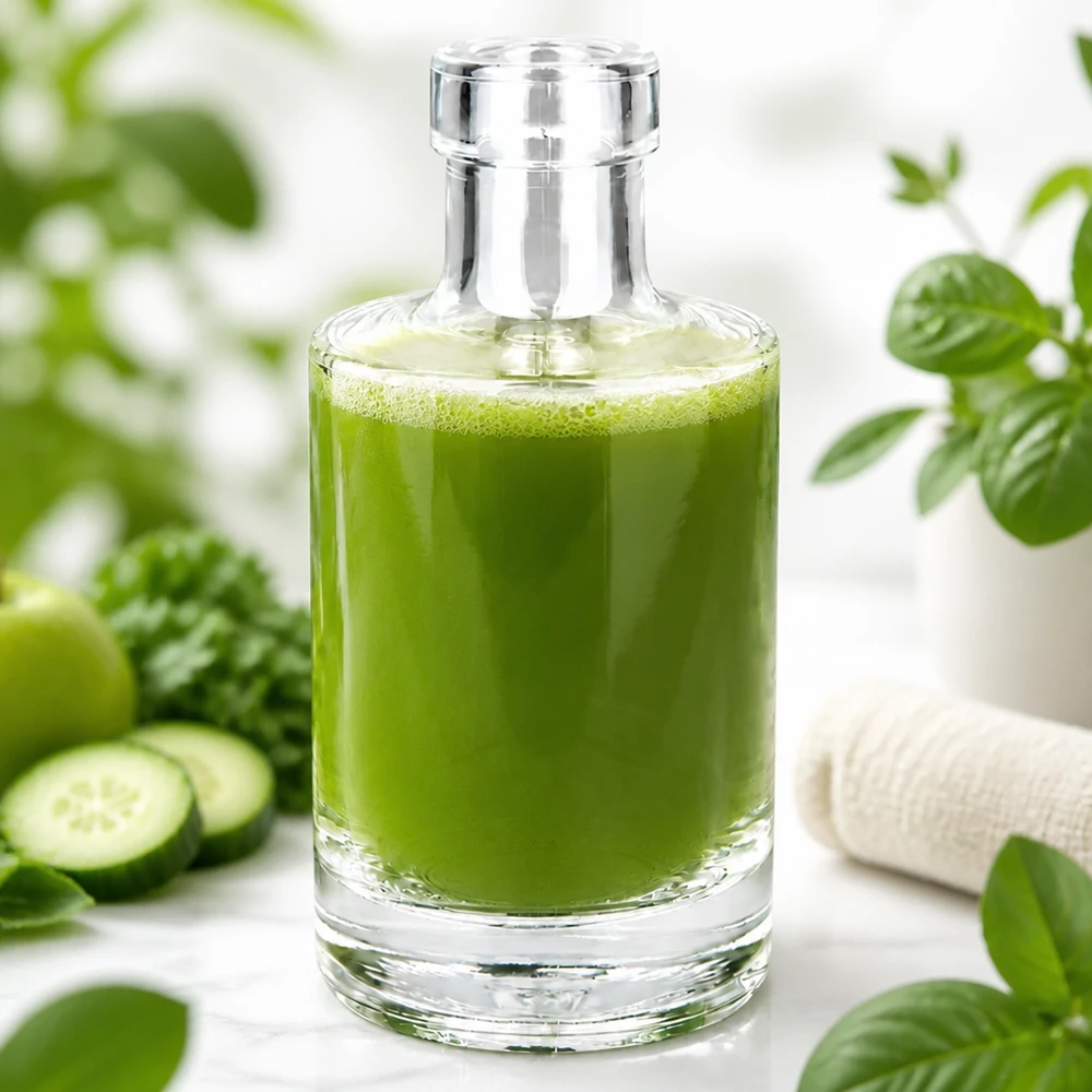 Bouteille en verre de 200ml Marie remplie de smoothie vert entourée de concombres et de plantes alimentation saine lifestyle