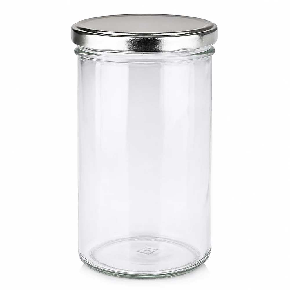 230ml Verre conique avec couvercle BasicSeal argent UNiTWIST Pot de 277ml avec couvercle BasicSeal argenté vide sur fond blanc Pot de conservation