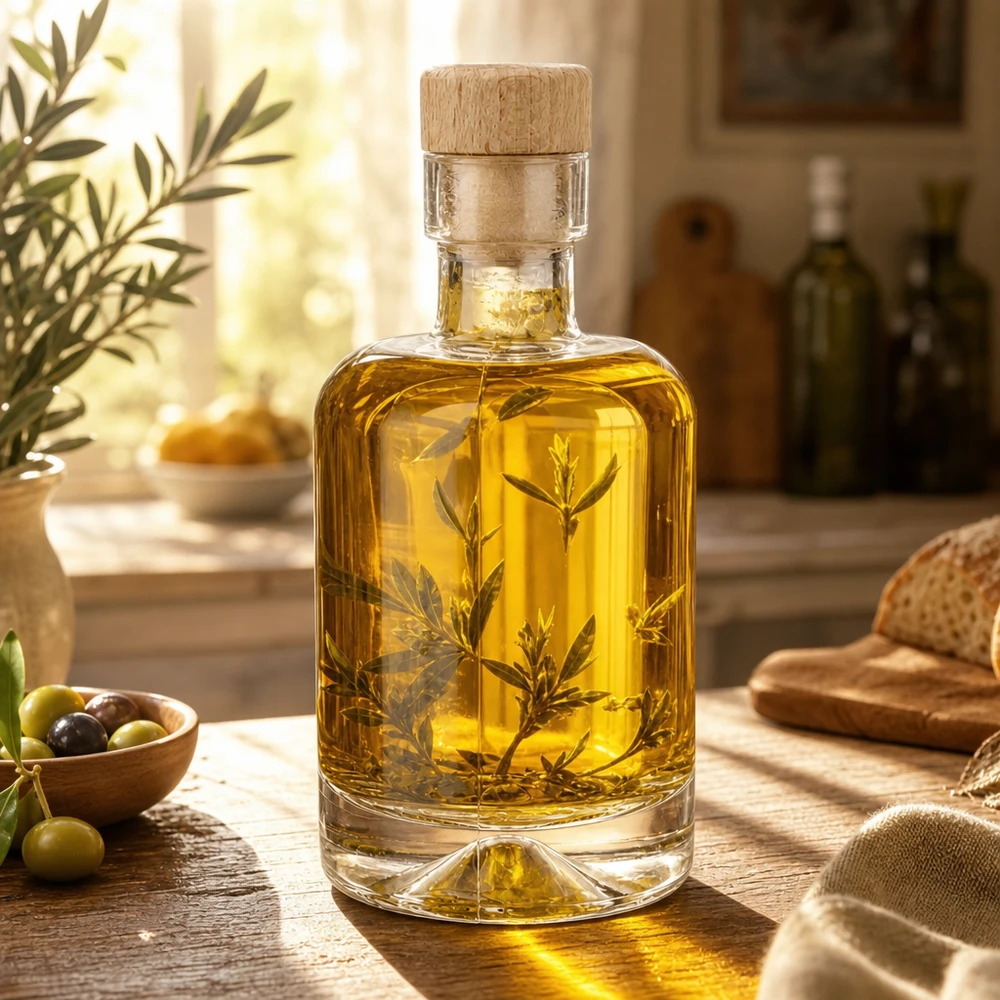 Bouteille en verre 50 ml « Amelie » avec bouchon en bois UNiTWIST Bouteille en verre Amélie de 50 ml remplie d'huile d'olive et d'herbes aromatiques mise en scène dans une cuisine méditerranéenne avec des olives et du pain