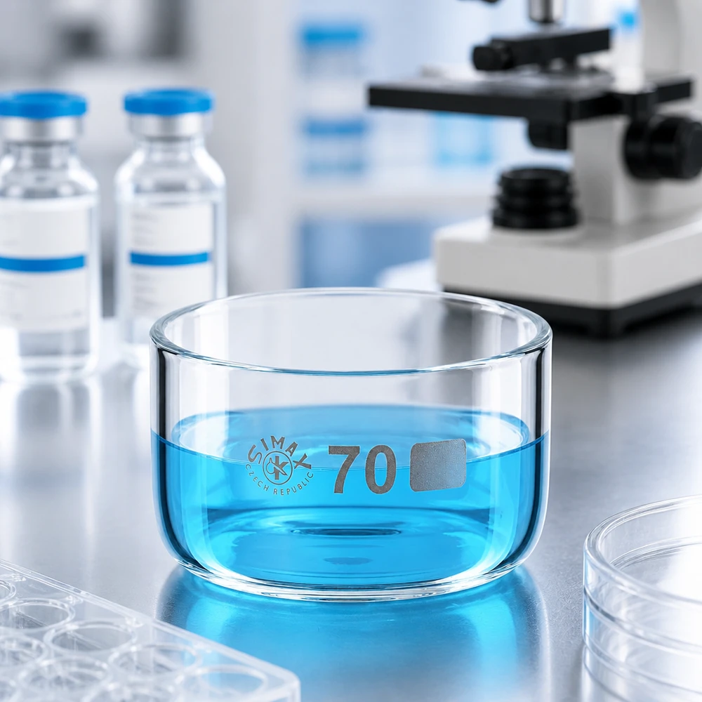 Coupelle cylindrique plate en verre de 70 mm de diamètre contenant une solution turquoise, posée sur le plan de travail d'un laboratoire