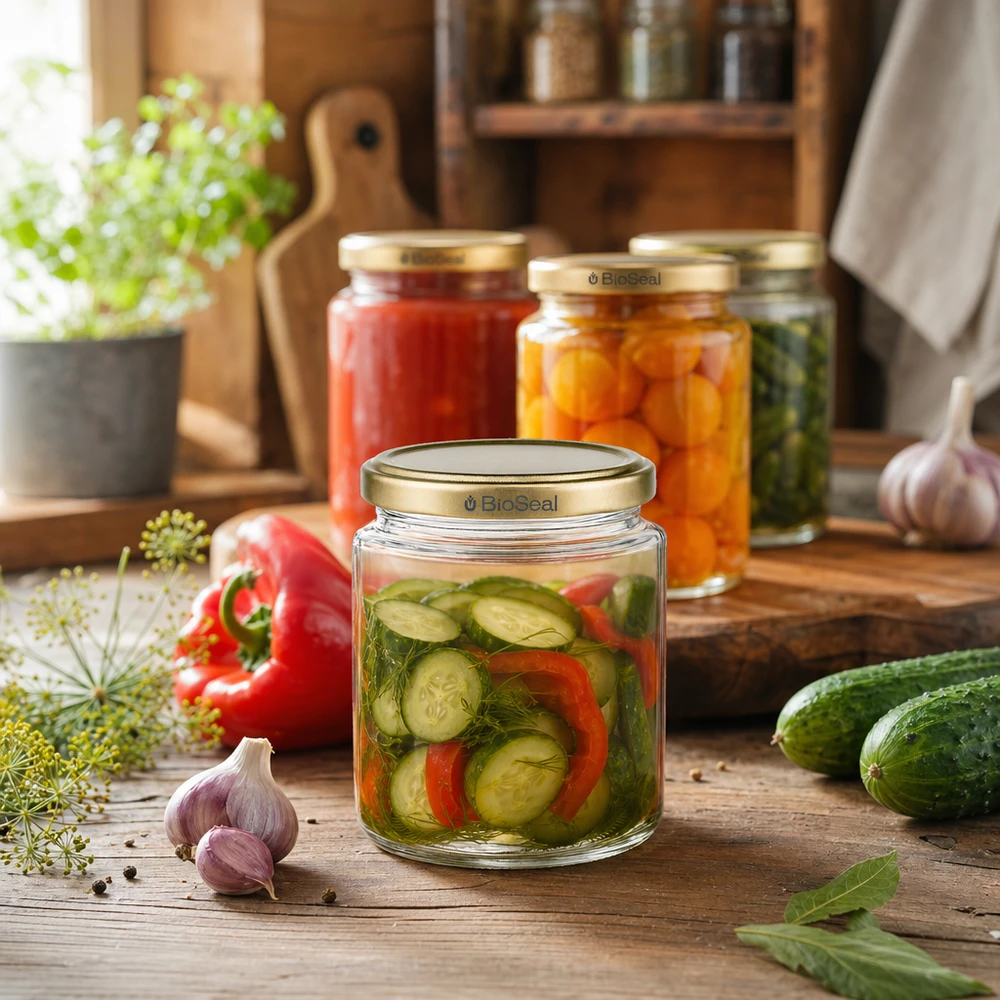 BioSeal pot de miel de 250ml comme bocal pour les cornichons et légumes marinés, couvercle doré UNiTWIST polyvalent