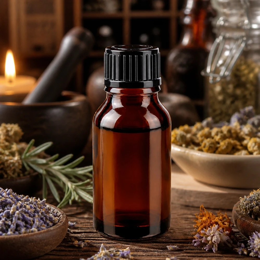 Flacon en verre brun 15ml avec bouchon à vis noir Flacon de pharmacie de 15 ml en verre ambré, fermé par un bouchon noir, posé sur un socle en bois, orné de romarin et de fleurs de camomille