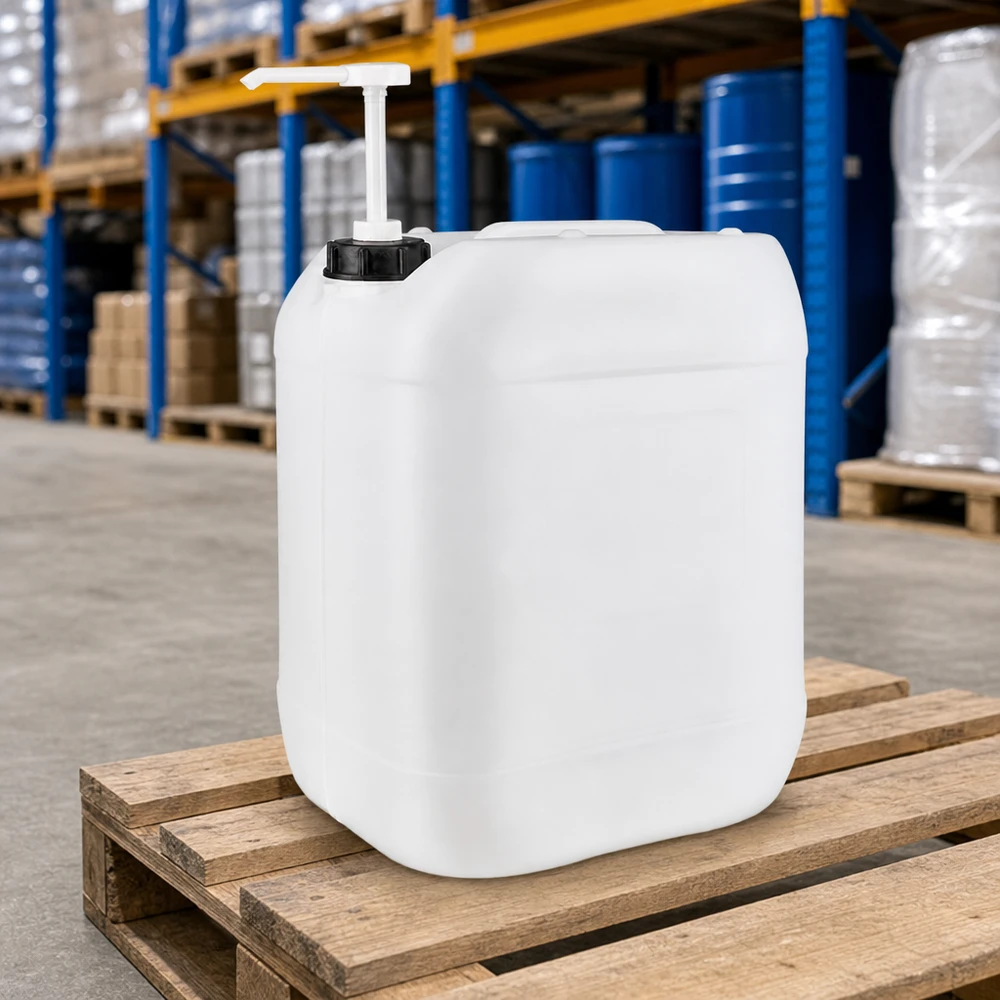 Bidon en plastique de 20 litres, adapté au contact alimentaire, muni d'une pompe pour un prélèvement hygiénique