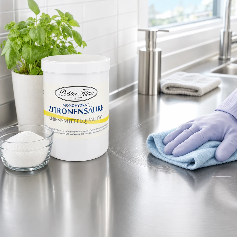 Doktor-Klaus Zitronensäure 1000g Détergent sur plan de travail de cuisine avec gant de nettoyage