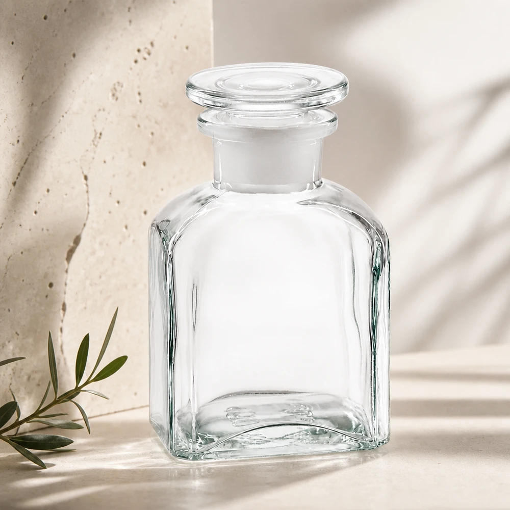 Flacon carré col large 150 ml + bouchon RIN, verre clair Flacon en verre vide carré de 150 ml avec bouchon à large col, pour parfum et diffuseur de parfum d'ambiance