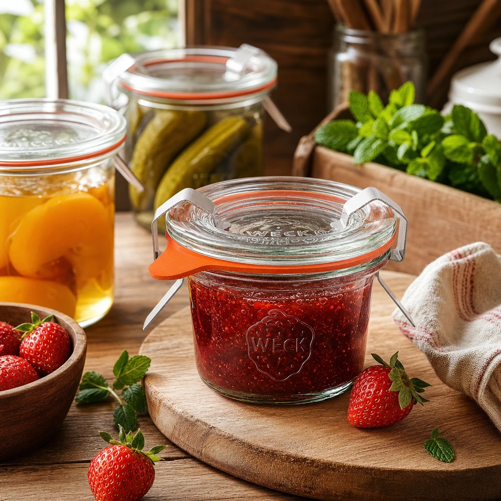 WECK Pot renversé 35ml RR40 dans la cuisine rempli de confiture à côté de fraises fraîches et autres bocaux de conservation