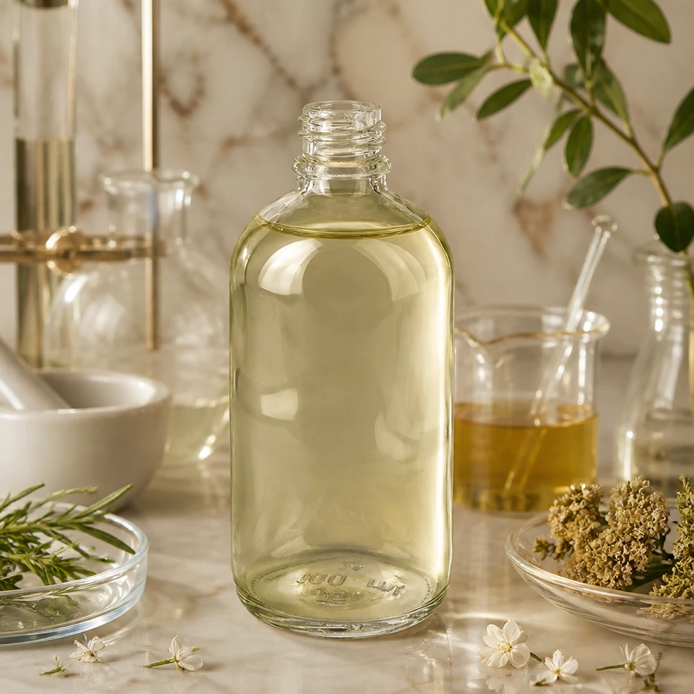 Flacon de pharmacie ClearLine de 100 ml contenant une huile jaunâtre, posé parmi des herbes et du matériel de laboratoire en verre sur du marbre