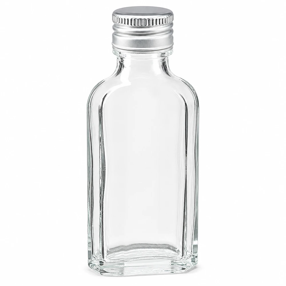 Petite bouteille en verre plate de 50 ml, transparente, avec bouchon à vis en aluminium argenté PP22