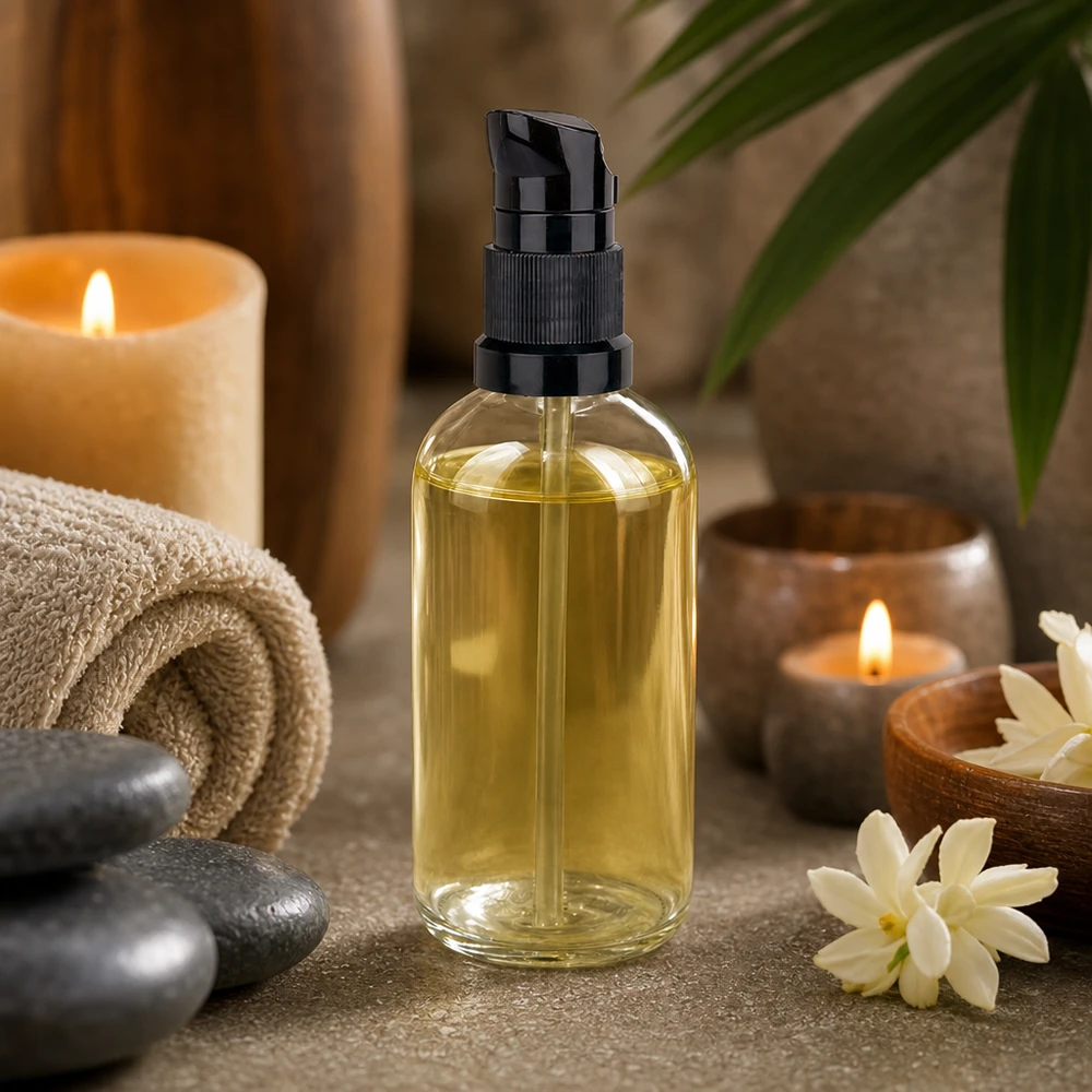 Flacon en verre transparent de 100 ml avec pompe doseuse noire, huile de massage jaune clair, bougies spa, ambiance bien-être