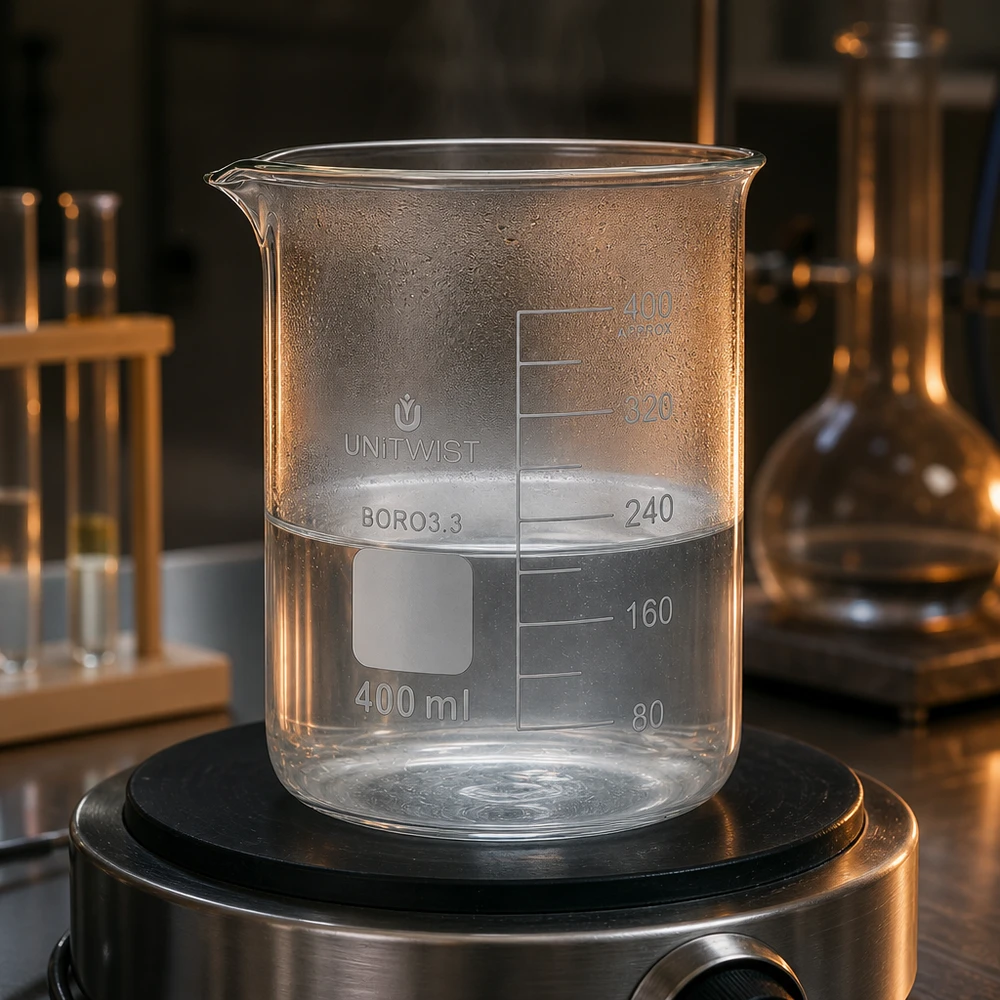 Beker 400ml borosilicaat, lage vorm UNiTWIST Bécher UNiTWIST de 400 ml en verre borosilicaté résistant à la chaleur, rempli sur un agitateur magnétique