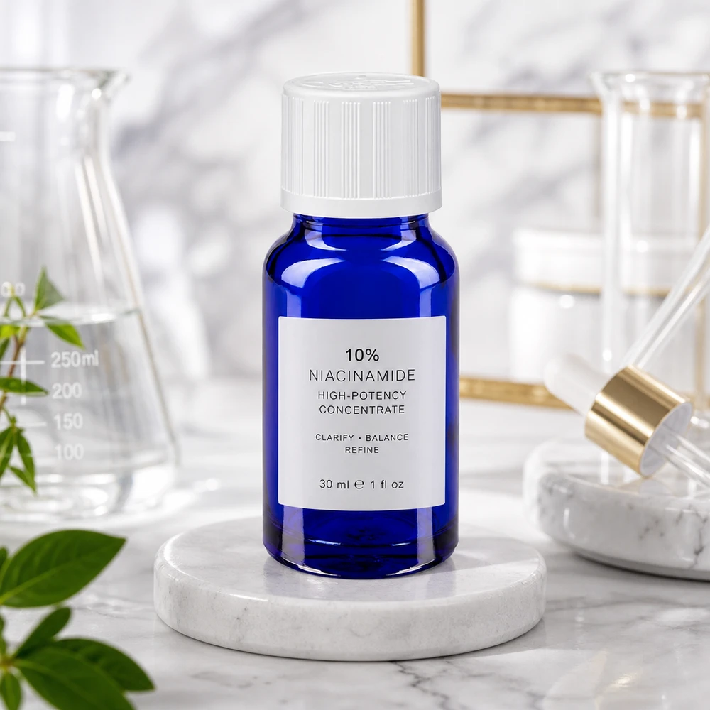 Flacon en verre bleu cobalt de 10 ml avec compte-gouttes de 1,2 mm, posé sur un socle en marbre, dans un style « laboratoire »