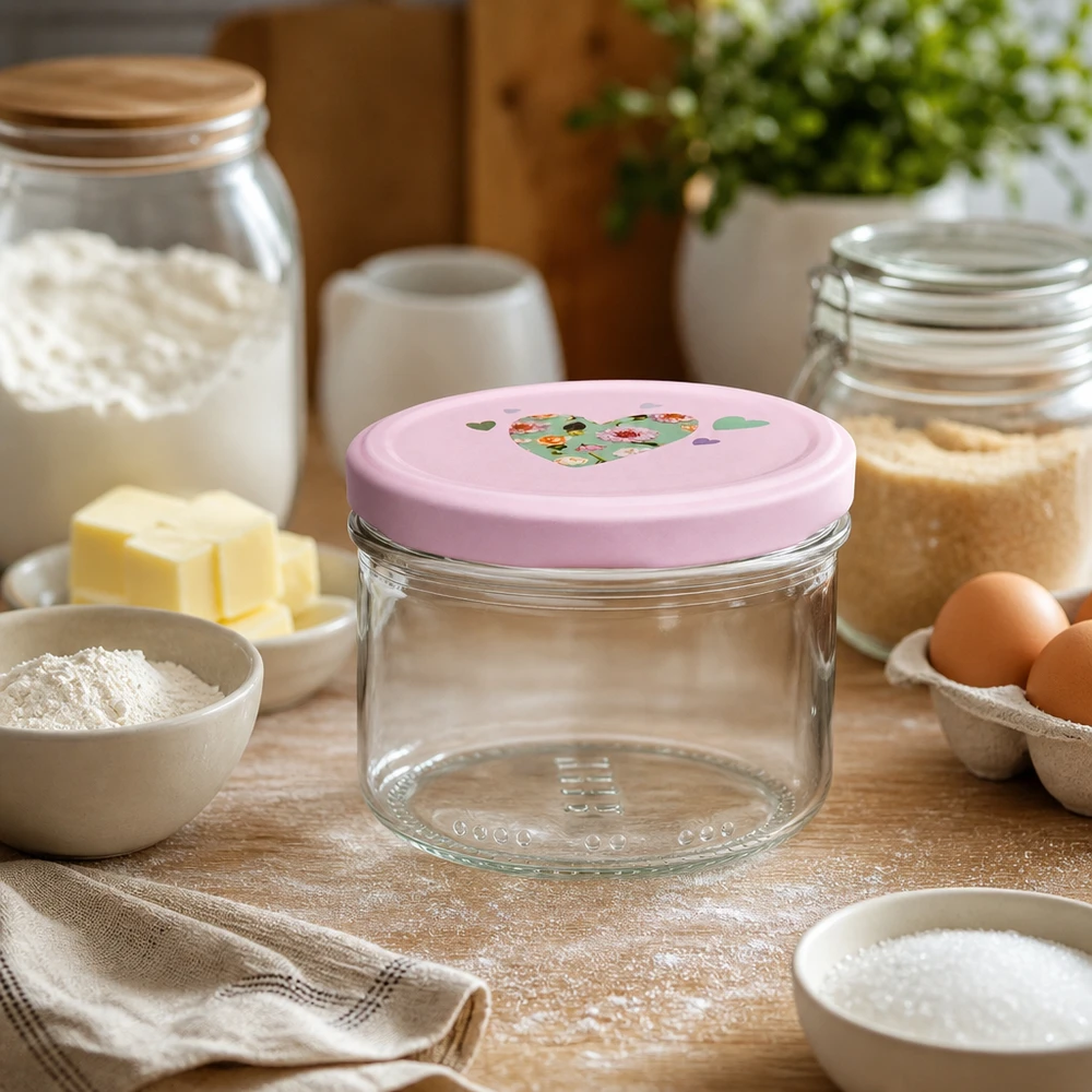 Pot cylindrique de 230 ml + couvercle BasicSeal rose cur Verre cylindrique vide de 230 ml avec couvercle en forme de cœur rose dans une cuisine confortable entre les ingrédients de pâtisserie et les bocaux de stockage.
