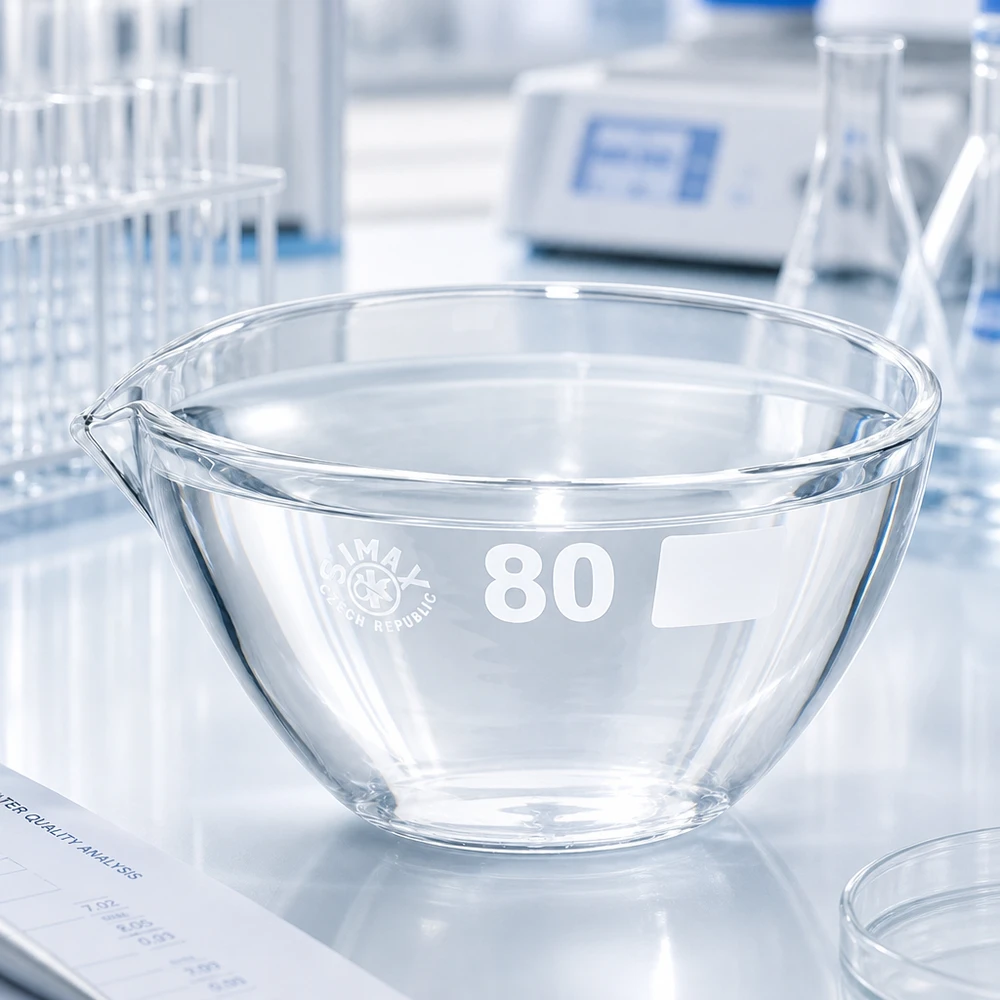 Capsule d’évaporation 90 ml en verre borosilicate, avec bec verseur Bol d'évaporation précis 90ml diamètre 80mm borosilicate avec bec verseur pour les mesures