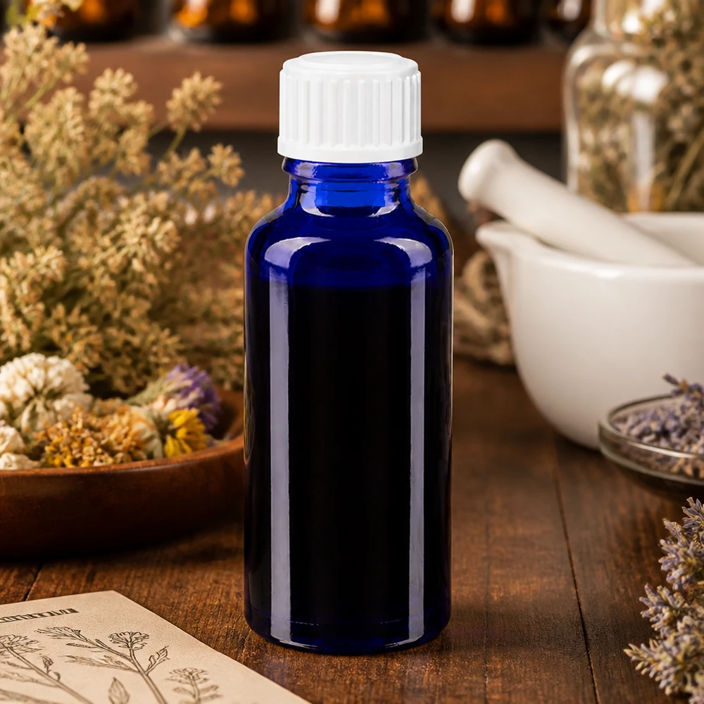 Flacon de pharmacie bleu cobalt de 30 ml, modèle GR STD, accompagné d'un mortier et d'un pilon pour la naturopathie