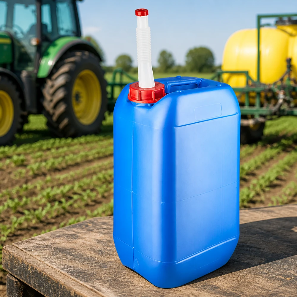 Bidon agricole bleu de 15 litres avec bec verseur flexible, à l'avant d'un tracteur et d'un pulvérisateur agricole