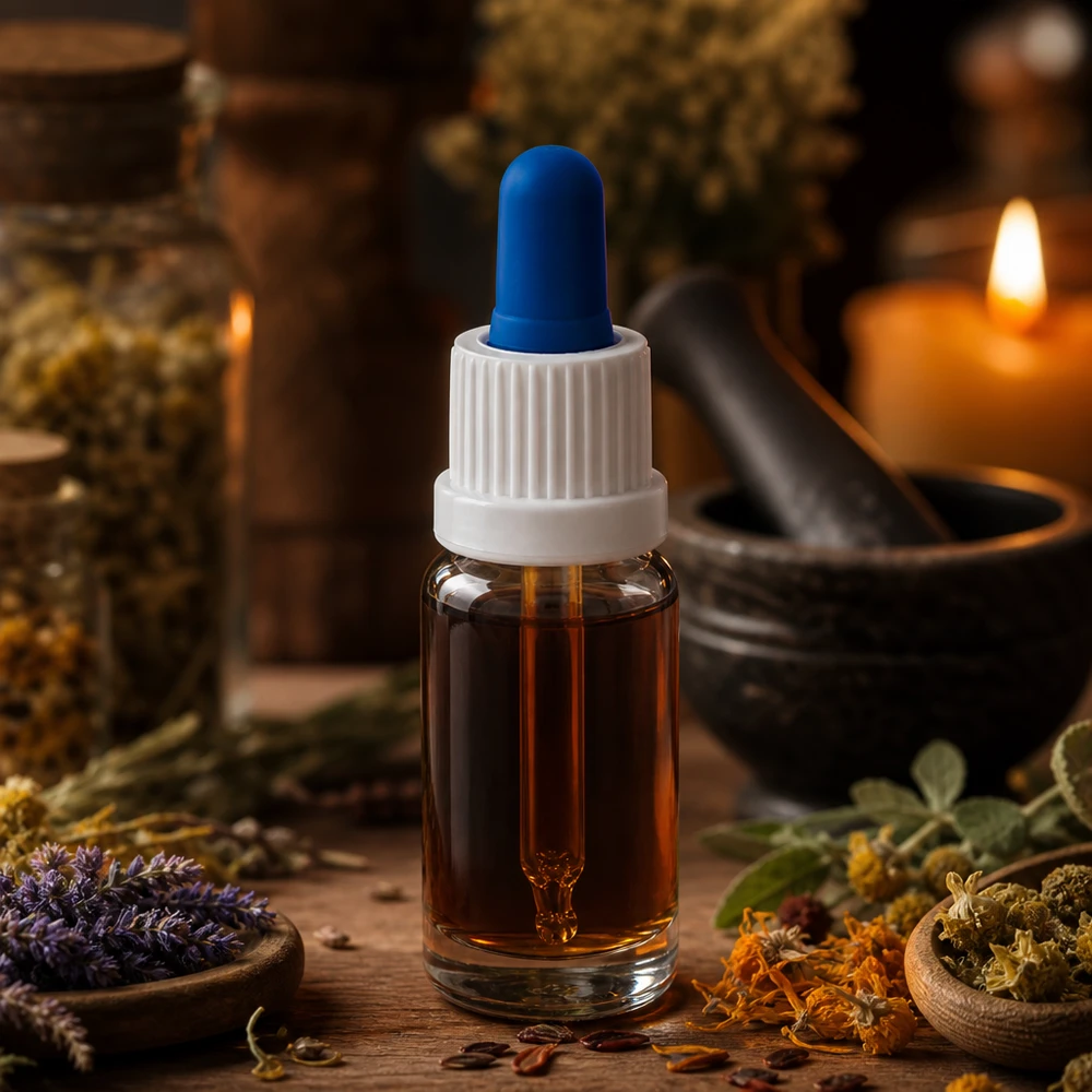 Flacon à pipette 10ml blanc/bleu OV ClearL. UT18/10 Flacon compte-gouttes d'aromathérapie de 10 ml en verre transparent, avec un mortier à herbes et une bougie en arrière-plan