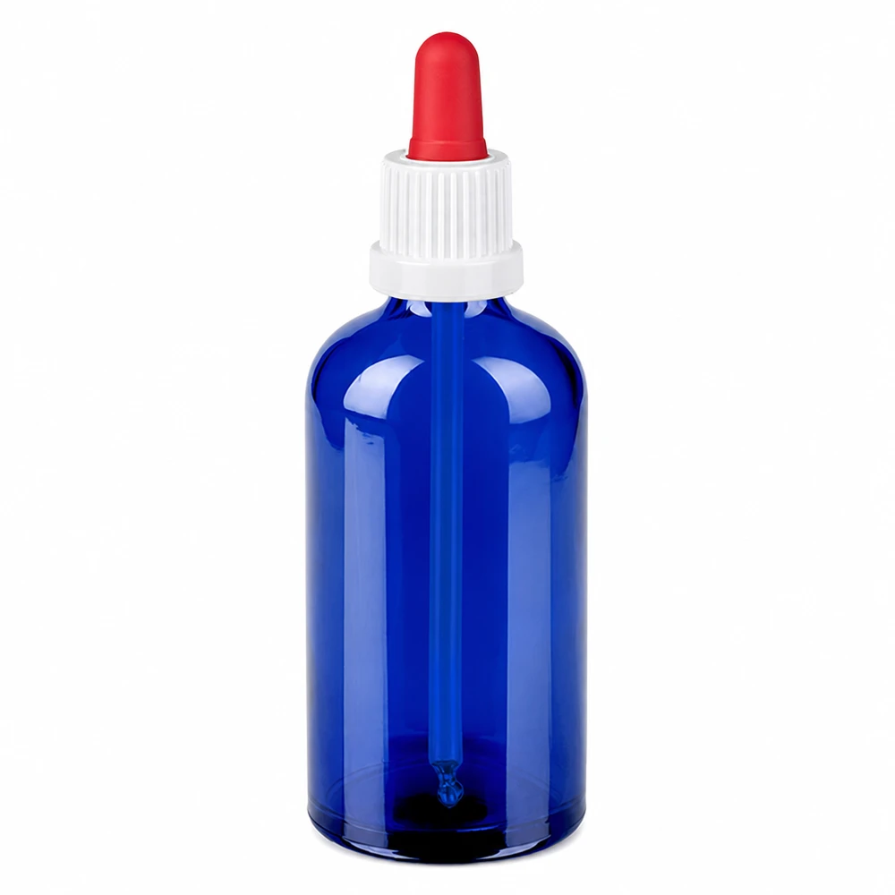 Flacon à pipette 100ml blanc/rouge OV BlueLine UT18/100 Flacon à pipette bleu cobalt de 100 ml avec protection UV - parfait pour les substances sensibles à la lumière