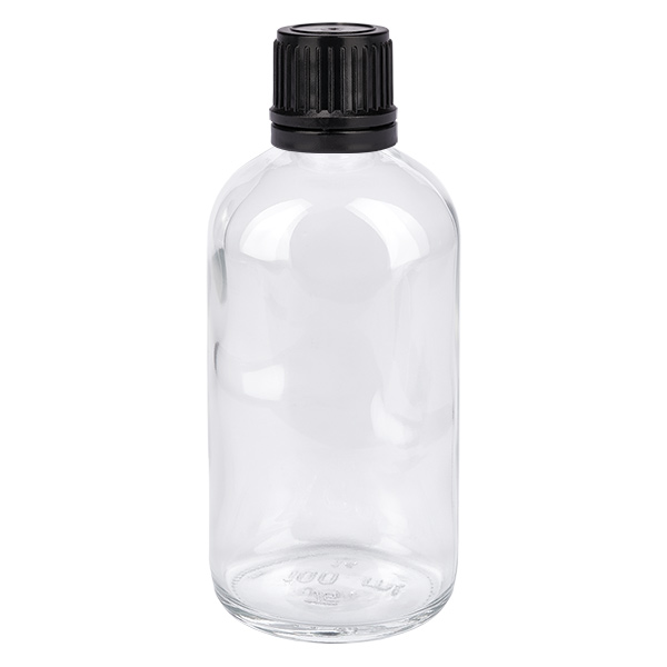 Flacon de 100ml (globule). 3mm GR s. STD ClearL. UT18/100 Flacon en verre transparent de 100 ml avec bouchon à vis noir pour granules homéopathiques et produits homéopathiques