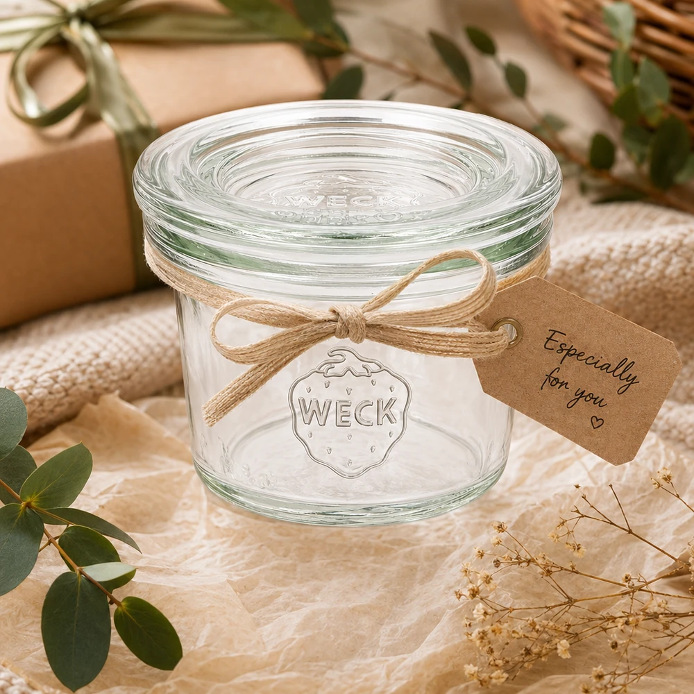 35ml WECK Pot renversé RR40 comme cadeau décoré avec un ruban et un pendentif dans une ambiance naturelle avec des plantes
