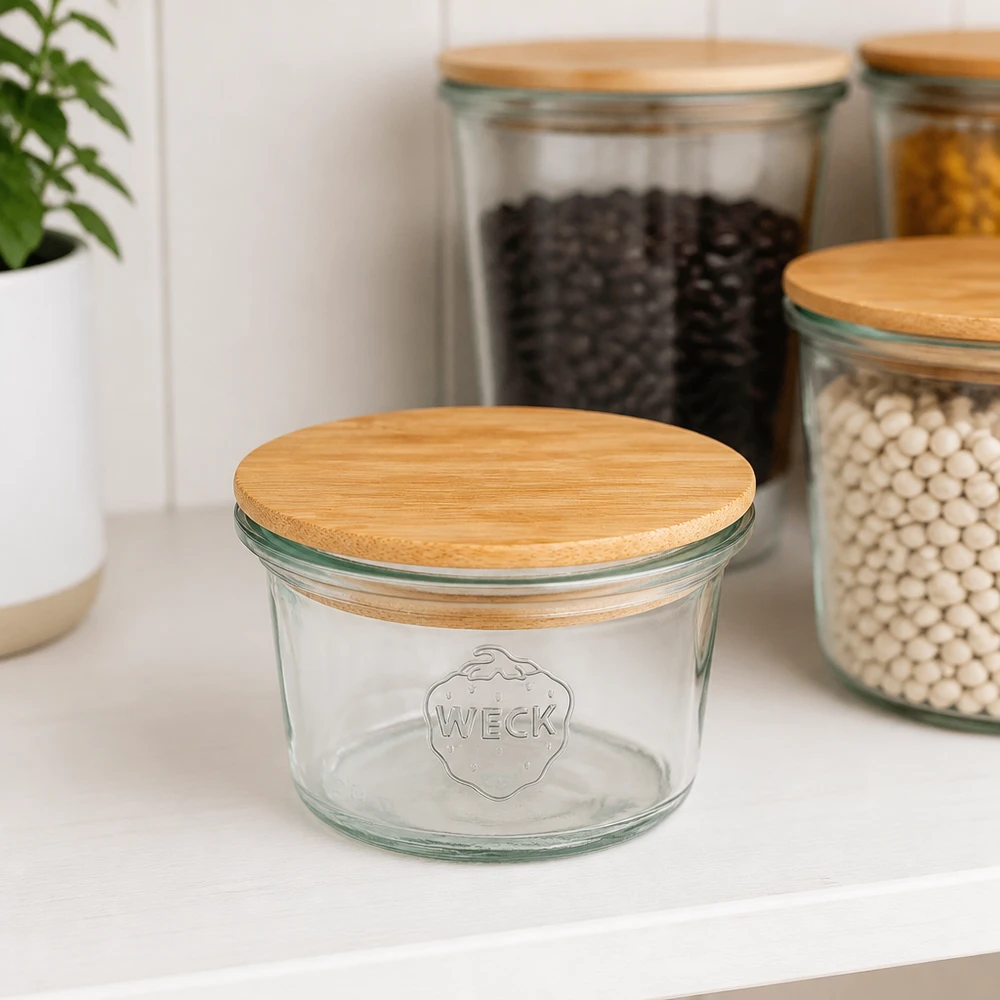 Mini bocal en verre renversé de 35 ml WECK RR40 avec couvercle en bois WECK Mini bocal renversé 35ml RR40 avec couvercle en bois de bambou dans la cuisine moderne à côté des bocaux à provisions avec haricots et lentilles
