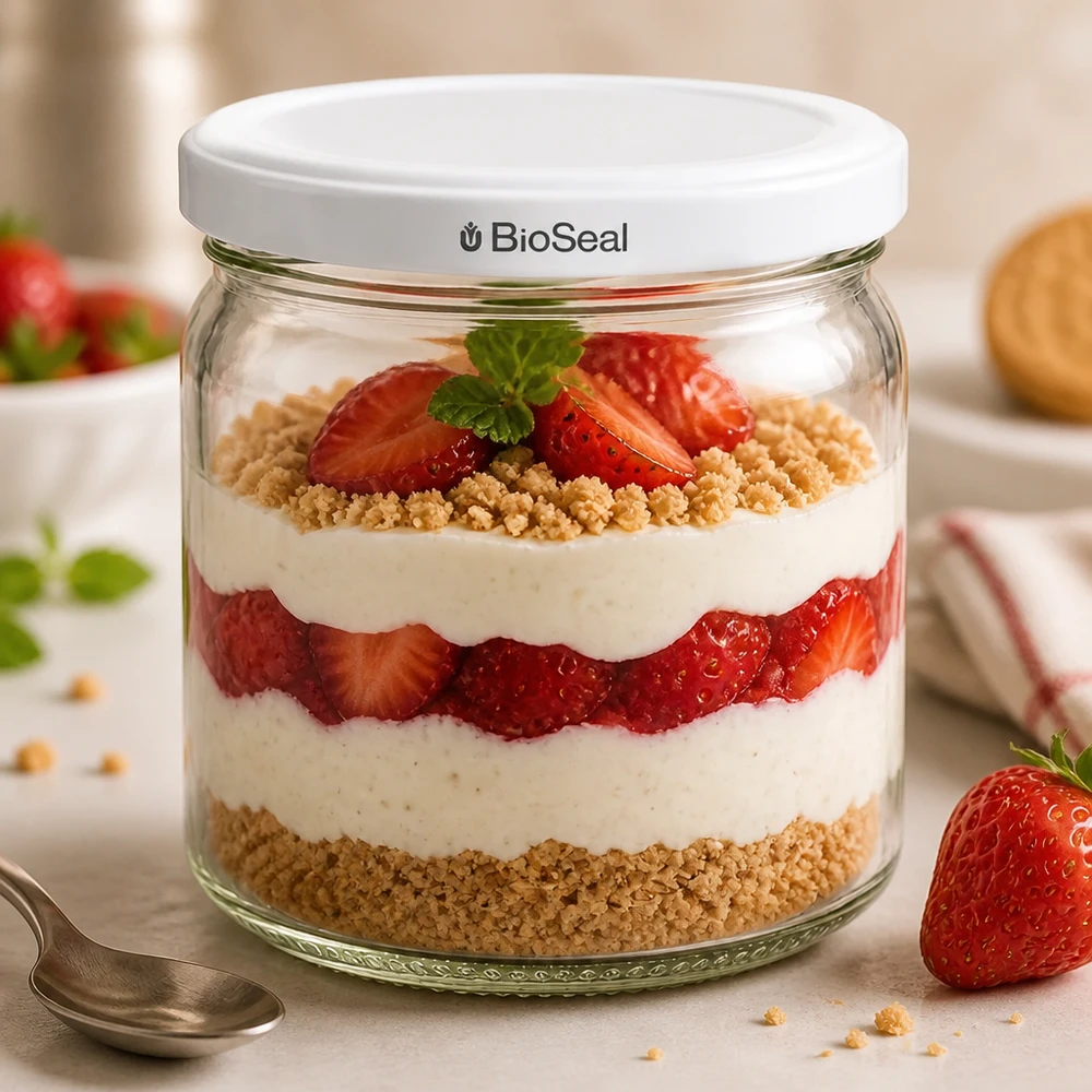 408ml Verre rond avec couvercle BioSeal blanc UNiTWIST UNiTWIST Runda408 comme verre à dessert avec des fraises et de la crème - des desserts créatifs en couches dans un verre de réserve BioSeal