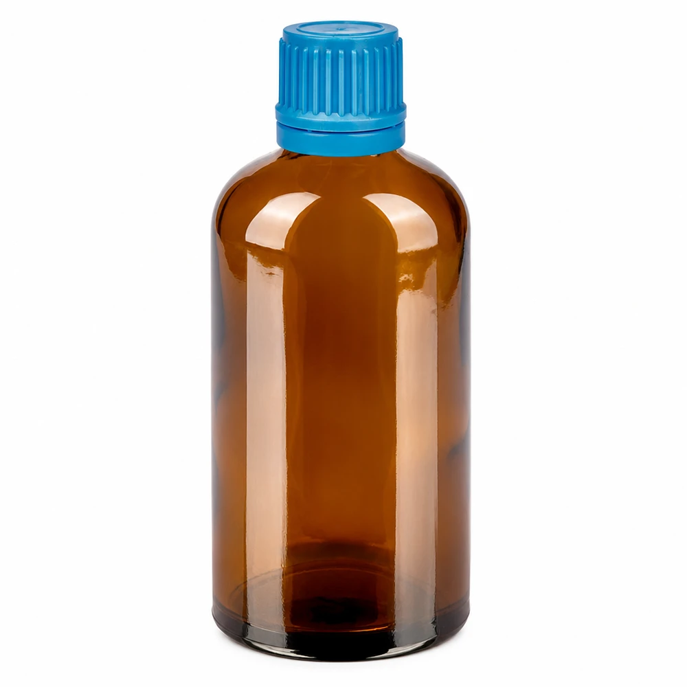 Flacon 100ml 11mm SV bleu OV BrownLine UT18/100 Bouteille de pharmacie ronde 100ml en verre brun avec couvercle bleu de sécurité pour les enfants