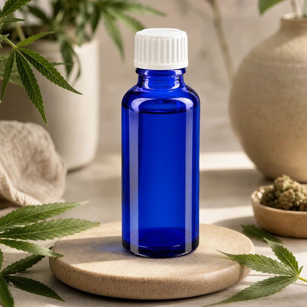 Flacon de pharmacie bleu 30ml bouchon vissable blanc Globuli Std Flacon compte-gouttes ApoGlas Standard bleu cobalt de 30 ml, à côté de feuilles de cannabis et de fleurs séchées