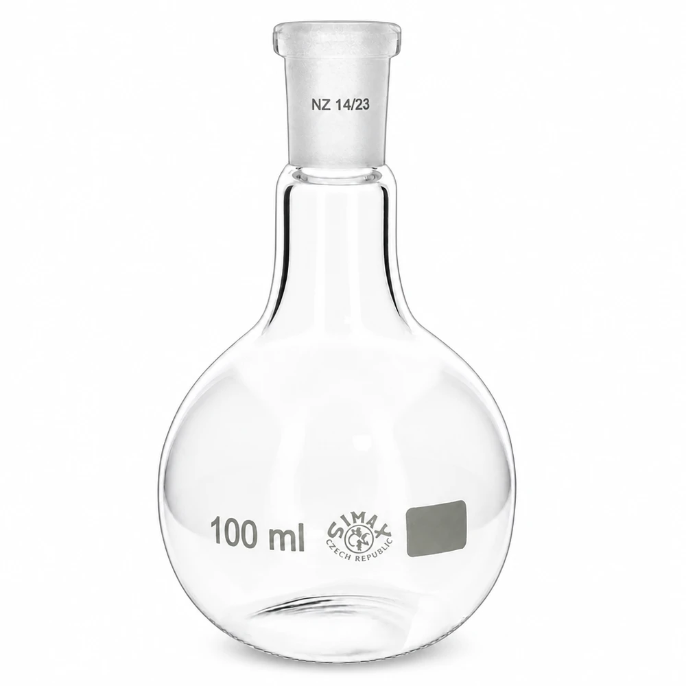 Ballon à fond plat 100 ml à col étroit, en verre borosilicate avec rodage normalisé 14/23 Ballon de laboratoire à paroi épaisse 100ml avec base antidérapante et rodage standard 14/23