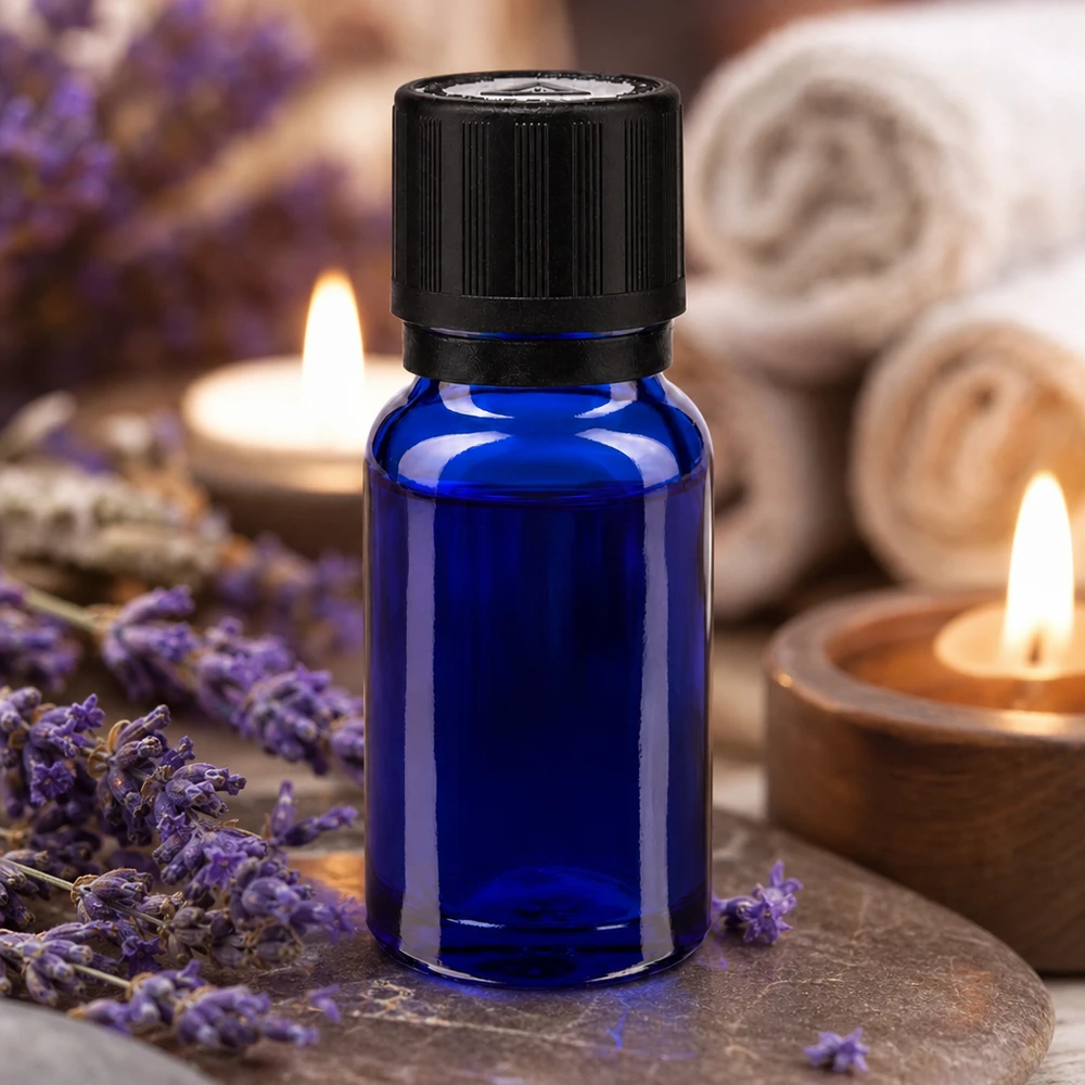 Flacon de pharmacie bleu cobalt de 10 ml avec bouchon noir à sécurité enfant pour huiles essentielles