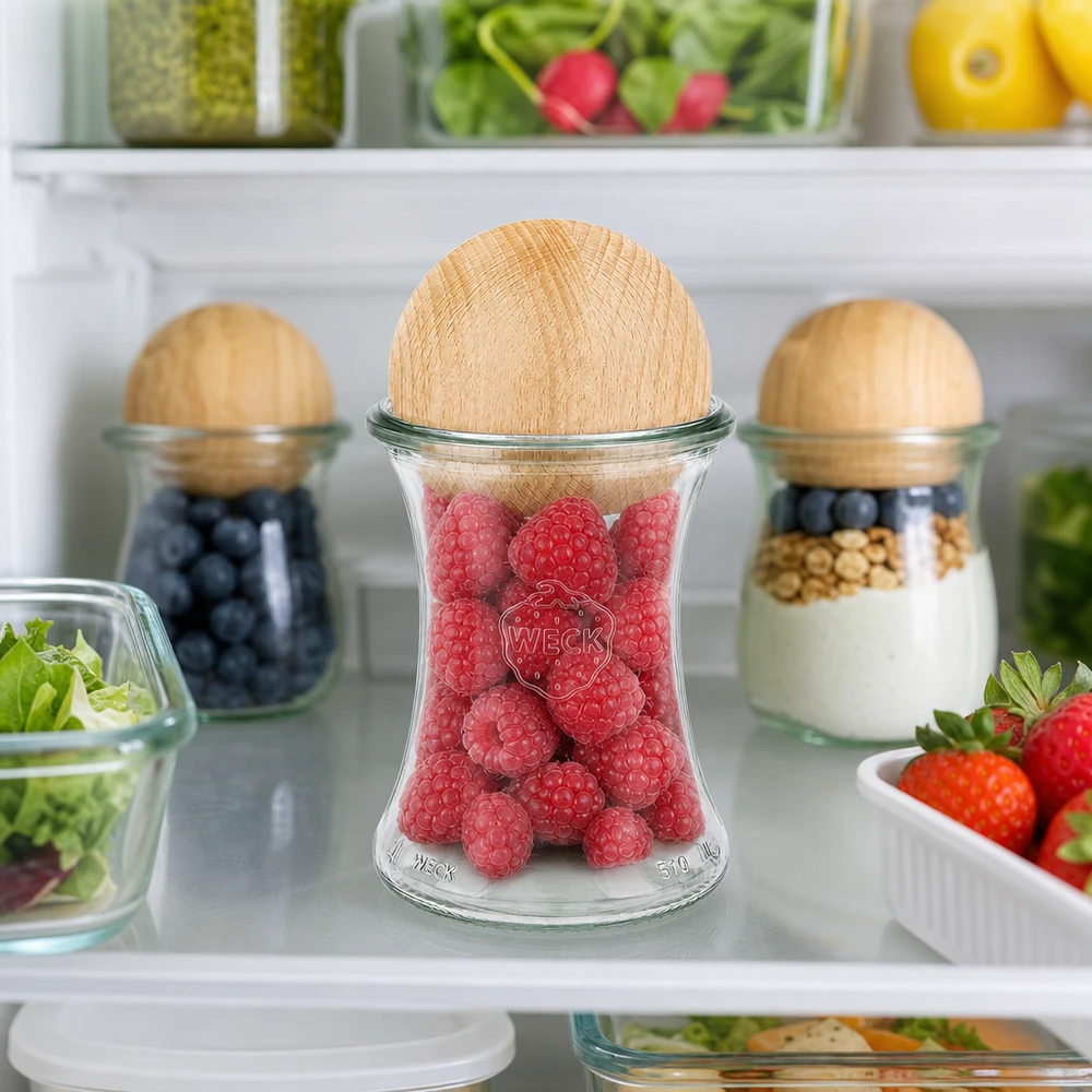 370ml bocal à gourmandises WECK RR80 avec boule en bois en hêtre WECK Bocal 370ml RR80 Boule en bois hêtre réfrigérateur framboises baies fraîches bocal de conservation