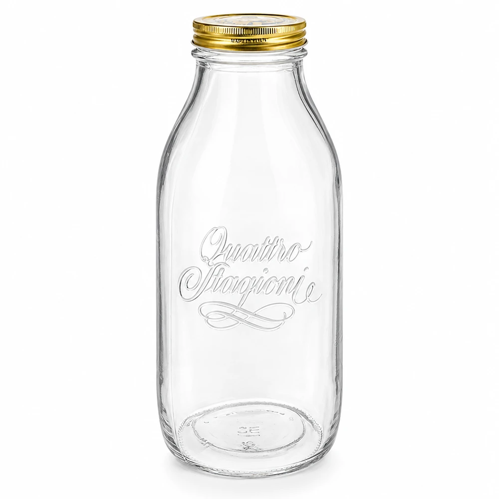 Bouteille en verre 1000ml « Quattro Stagioni » avec couvercle Bouteille en verre 1000ml Quattro Stagioni avec bouchon à visser doré, transparent avec écriture élégante, design bouteille de lait