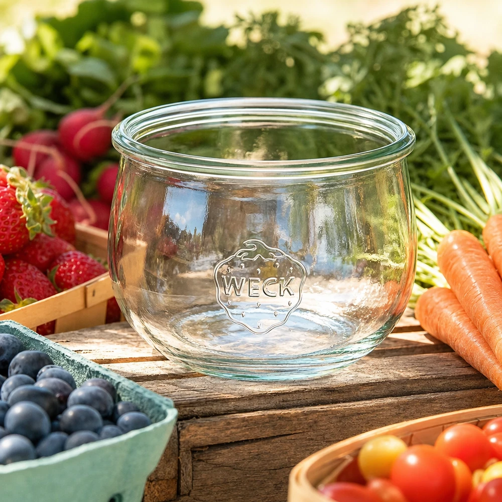 Bocal tulipe WECK RR100 de 580 ml WECK Pot tulipe 580ml RR100 Pot de conservation en verre avec logo entouré de fruits et légumes frais sur table en bois
