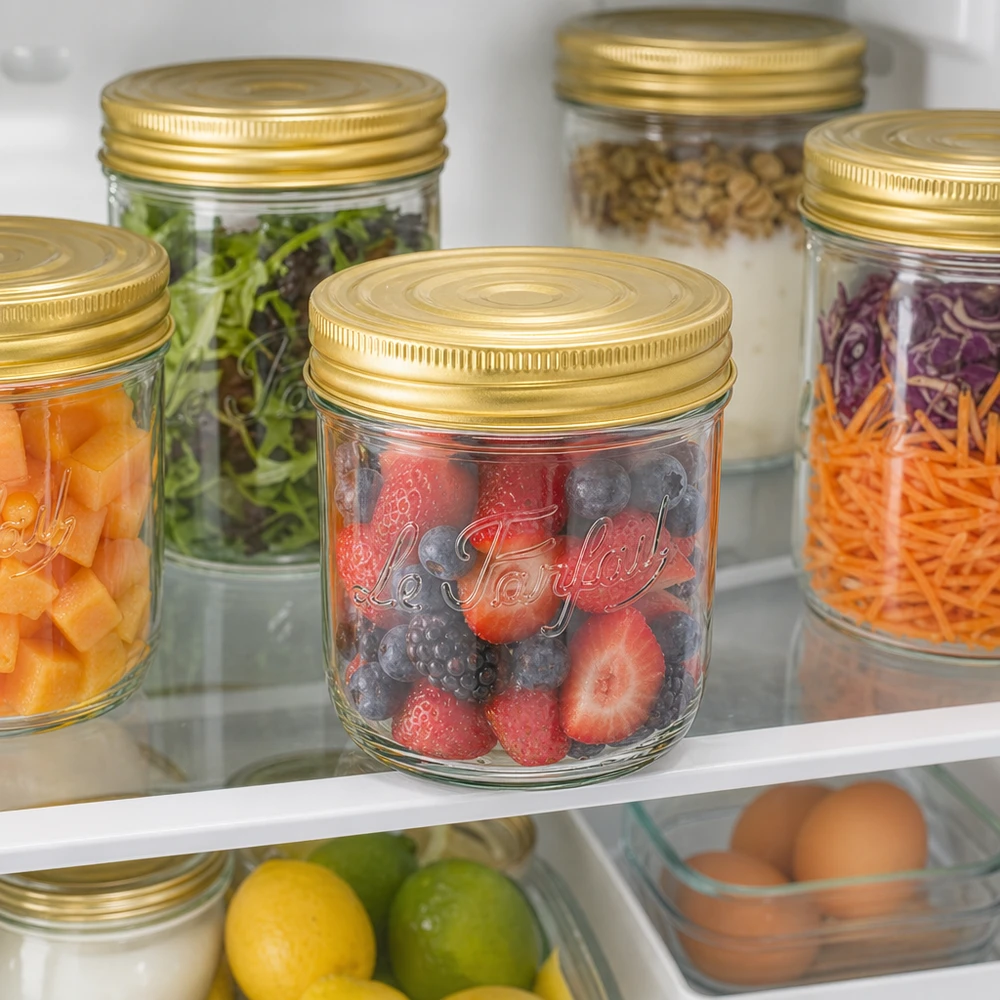 Le Parfait® Familia Wiss 350 g Ø100 mm bocal 415ml Verre renversé Familia Wiss avec couvercle doré rempli de baies dans le réfrigérateur à côté d'autres bocaux de stockage