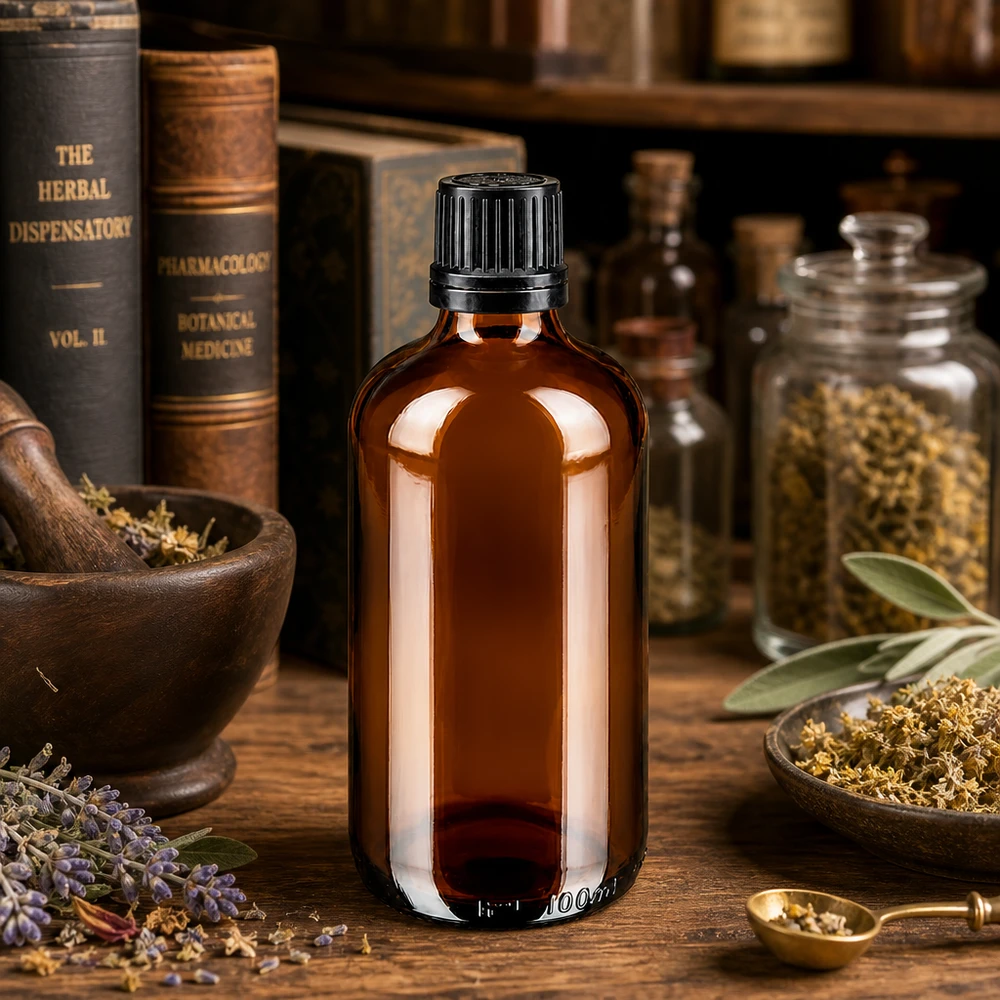 Petit flacon en verre ambré de 100 ml, GR, muni d'un bouchon OV de 8 mm, contenant des herbes médicinales séchées